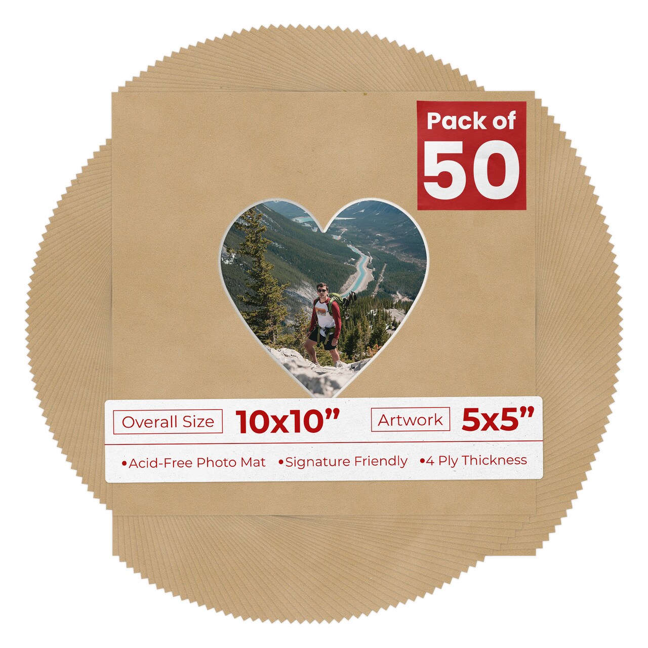 Beige Suede Mat Board for 10x10 Frames - Heart Opening for 5x5 Photos